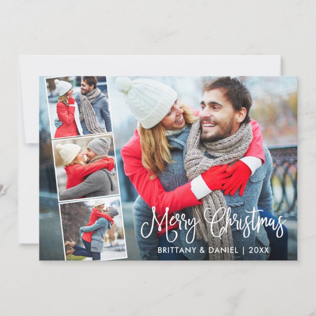 Modern Fun Calligraphy 4 Photo Couple Collage Holiday Card (Front)