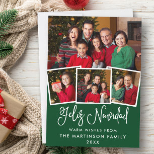Modern Fun Calligraphy 4 Photo Feliz Navidad Green Holiday Card