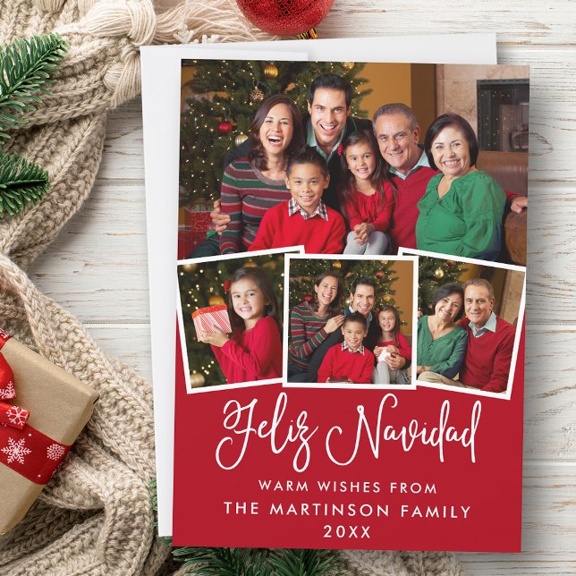 Modern Fun Calligraphy 4 Photo Feliz Navidad Red Holiday Card (Customize to add text to back of card.)
