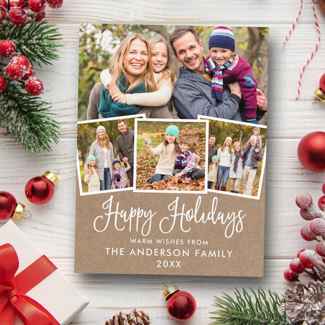 Modern Fun Calligraphy 4 Photo Kraft Holiday Postcard (Customize to change your personalized text size or text style.)
