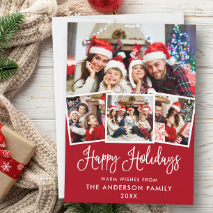 Modern Fun Calligraphy 4 Photo Red Holiday Card