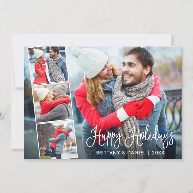Modern Fun Calligraphy 4 Photos Couple Collage Holiday Card (Front)