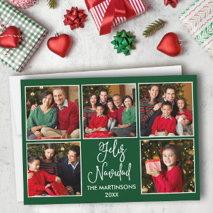 Modern Fun Calligraphy 5 Photo Feliz Navidad Green Holiday Card