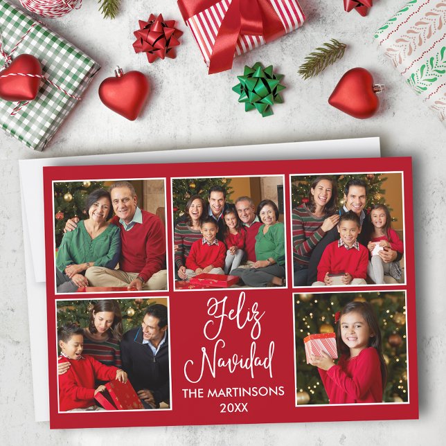 Modern Fun Calligraphy 5 Photo Feliz Navidad Red Holiday Card (Customize to add text to back of card.)