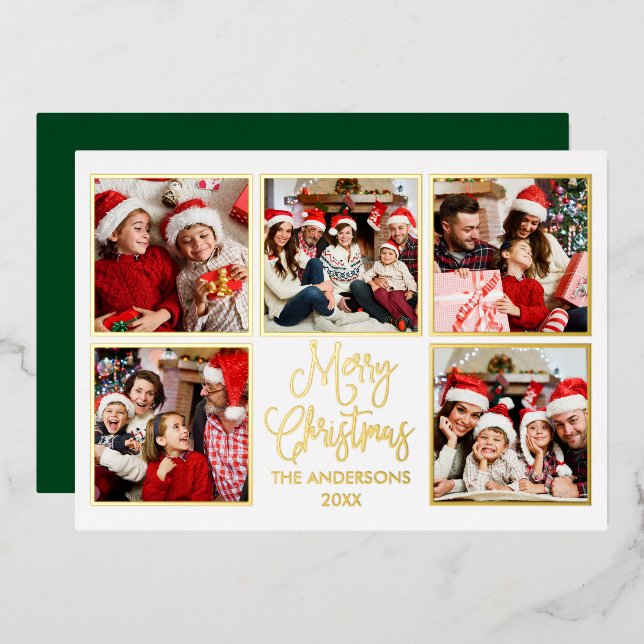 Modern Fun Calligraphy 5 Photo Green Gold Foil Holiday Card (Front/Back)