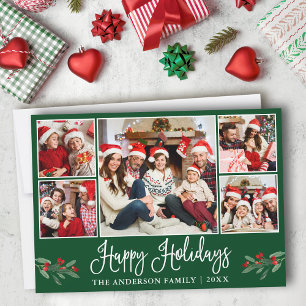 Modern Fun Calligraphy 5 Photo Green Holiday Card