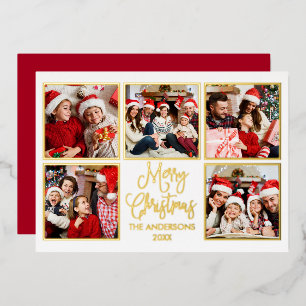 Modern Fun Calligraphy 5 Photo Red Gold Foil Holiday Card
