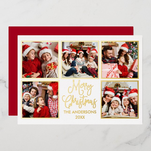 Modern Fun Calligraphy 5 Photo Red Gold Foil Holiday Card (Front/Back)