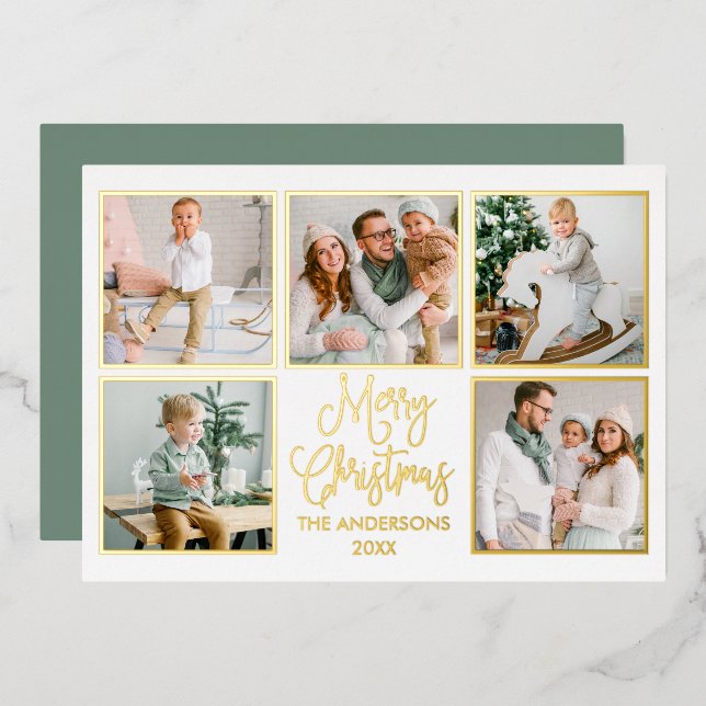 Modern Fun Calligraphy 5 Photo Sage Green Gold Foil Holiday Card (Front/Back)