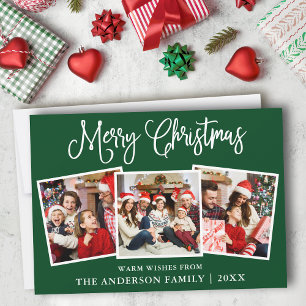 Modern Fun Calligraphy Christmas 3 Photo Green Holiday Card