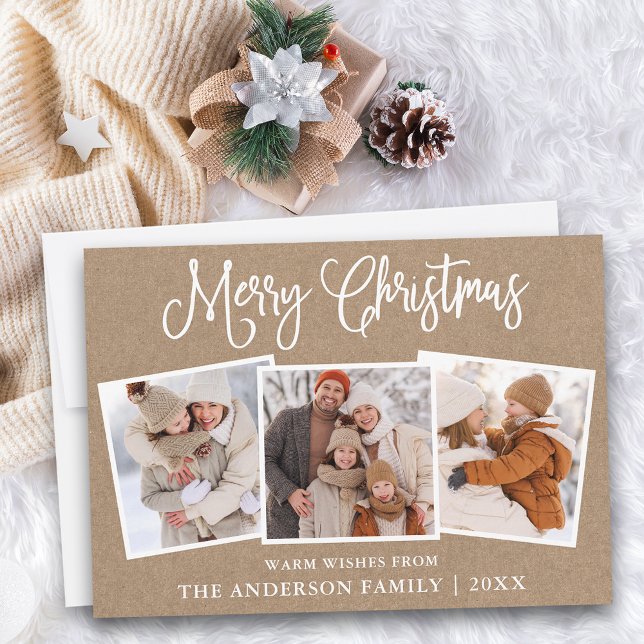 Modern Fun Calligraphy Christmas 3 Photo Kraft Holiday Card (Customize to add text to back of card.)