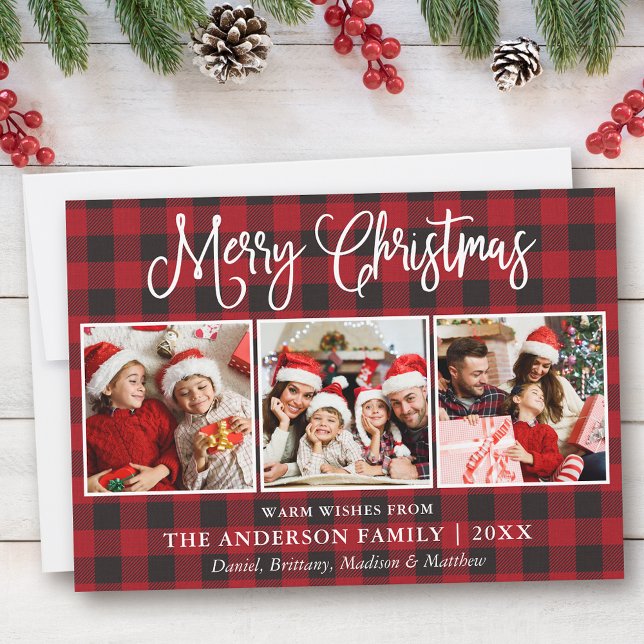 Modern Fun Calligraphy Christmas 3 Photo Plaid Holiday Card (Customize to add text to back of card.)
