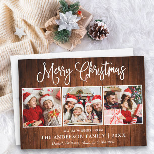 Modern Fun Calligraphy Christmas 3 Photo Wood Holiday Card