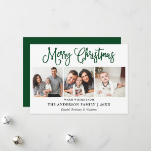 Modern Fun Calligraphy Christmas 3 Photos Green Holiday Card