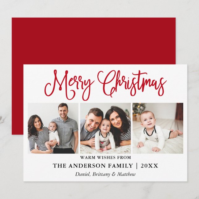 Modern Fun Calligraphy Christmas 3 Photos Red Holiday Card (Front/Back)