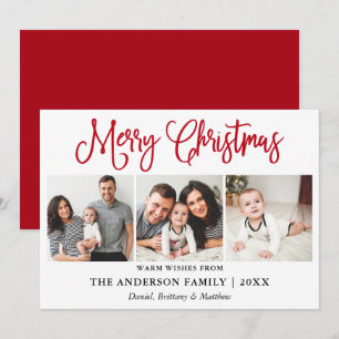 Modern Fun Calligraphy Christmas 3 Photos Red Holiday Card