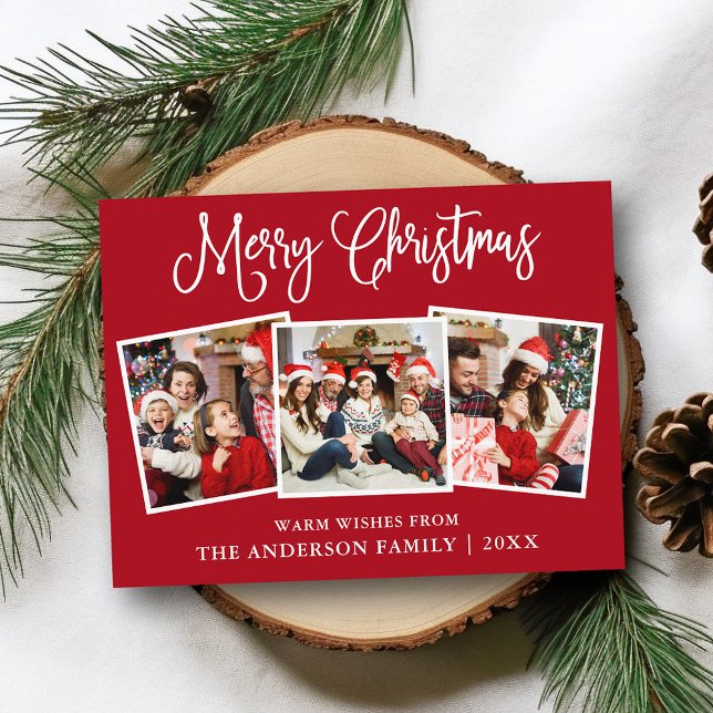 Modern Fun Calligraphy Christmas 3 Photos Red Postcard (Customize to change your personalized text size or text style.)