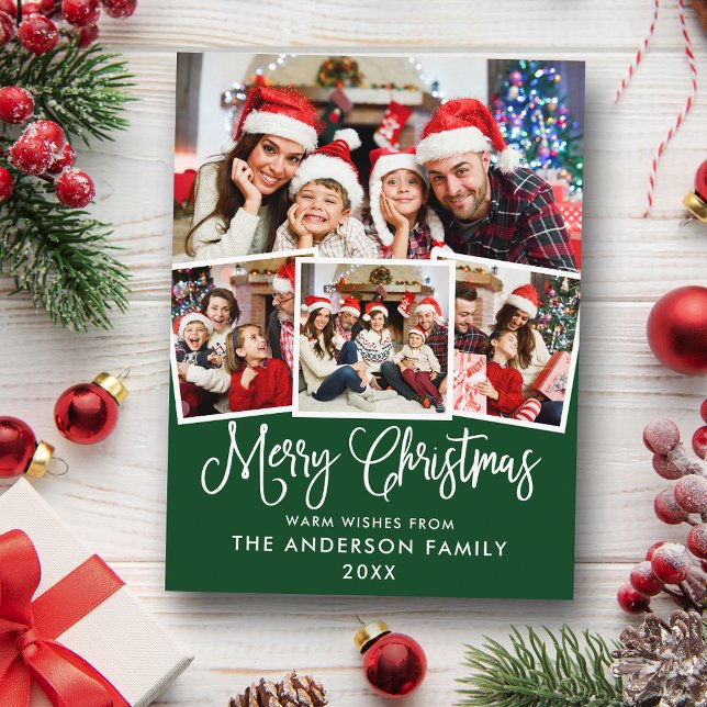 Modern Fun Calligraphy Christmas 4 Photo Green Postcard (Customize to change your personalized text size or text style.)