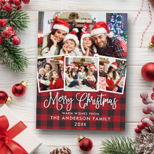 Modern Fun Calligraphy Christmas 4 Photo Plaid Postcard