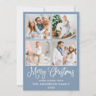 Modern Fun Calligraphy Christmas 4 Photos Blue Holiday Card