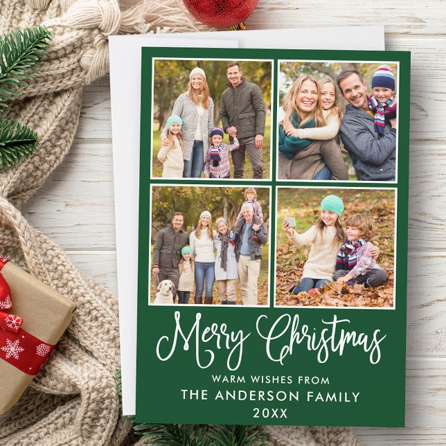 Modern Fun Calligraphy Christmas 4 Photos Green Holiday Card (Customize to add text to back of card.)