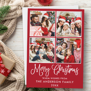 Modern Fun Calligraphy Christmas 4 Photos Red Holiday Card