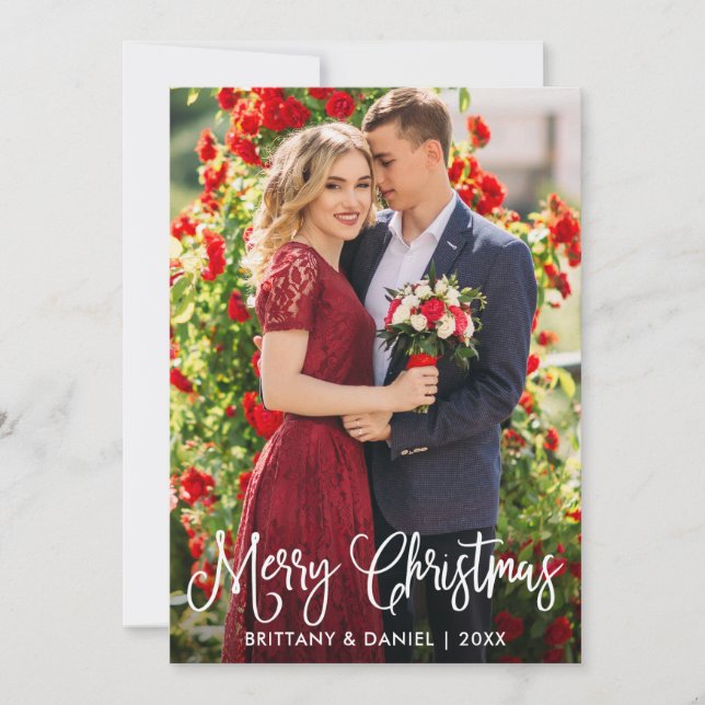 Modern Fun Calligraphy Christmas Couple Photo  Holiday Card (Front)
