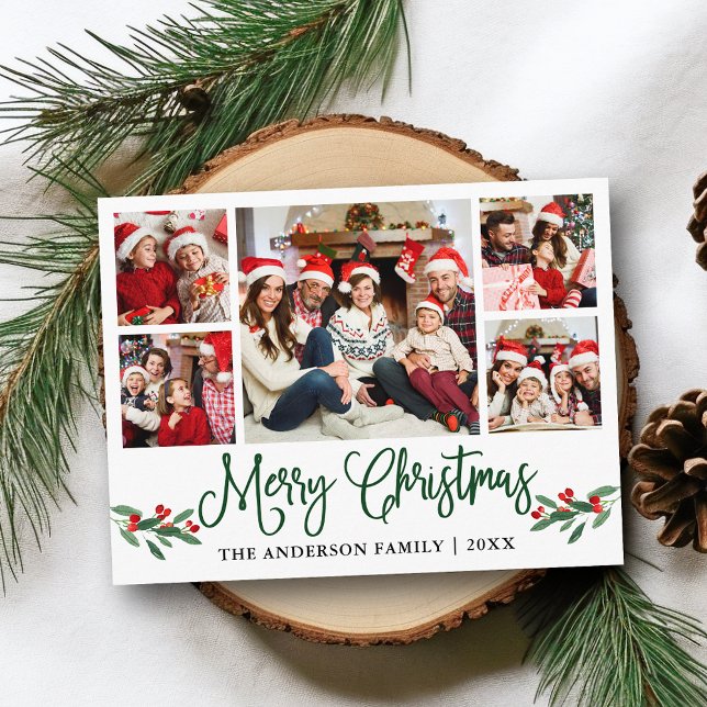 Modern Fun Calligraphy Christmas Holly 5 Photo Postcard (Customize to change your personalized text size or text style.)