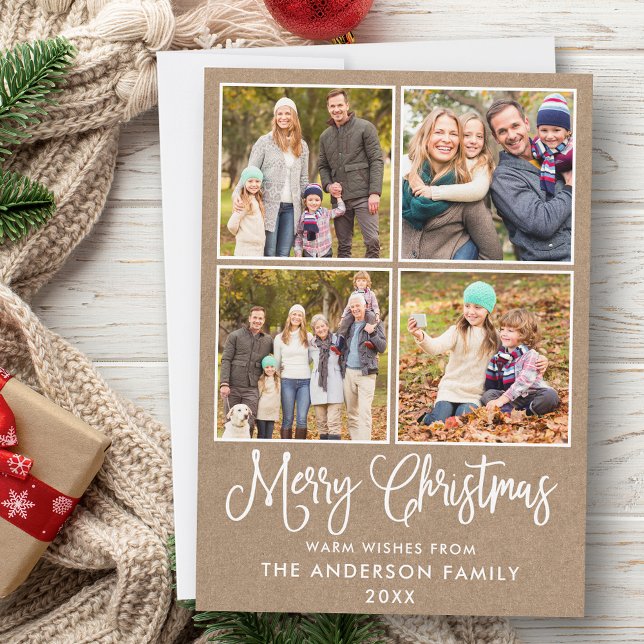 Modern Fun Calligraphy Christmas Kraft 4 Photos Holiday Card (Customize to add text to back of card.)