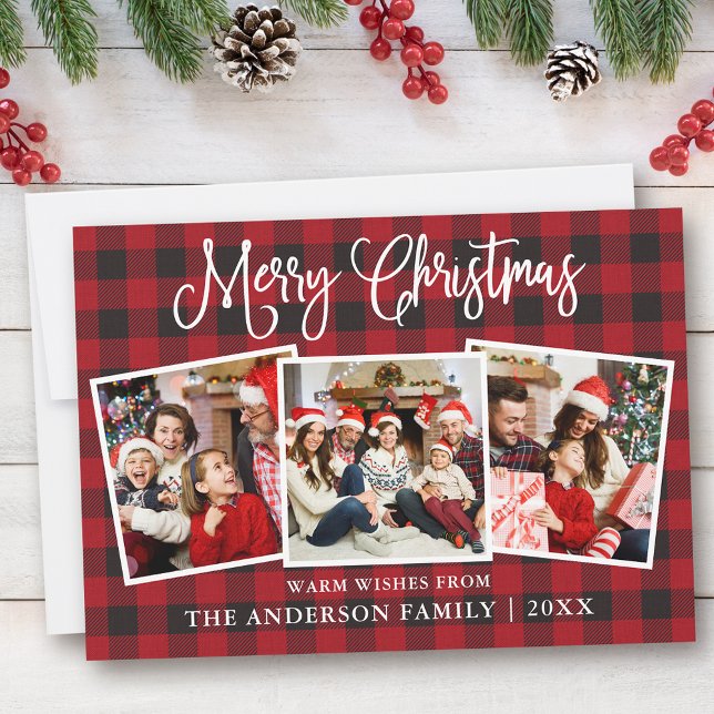 Modern Fun Calligraphy Christmas Plaid 3 Photo Holiday Card (Customize to add text to back of card.)