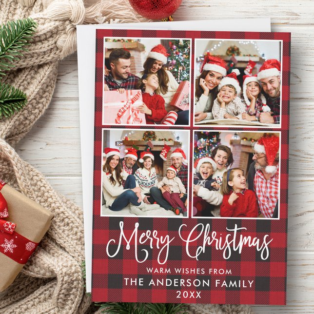 Modern Fun Calligraphy Christmas Plaid 4 Photos Holiday Card (Customize to add text to back of card.)