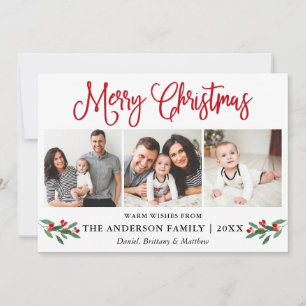 Modern Fun Calligraphy Christmas Red Holly 3 Photo Holiday Card