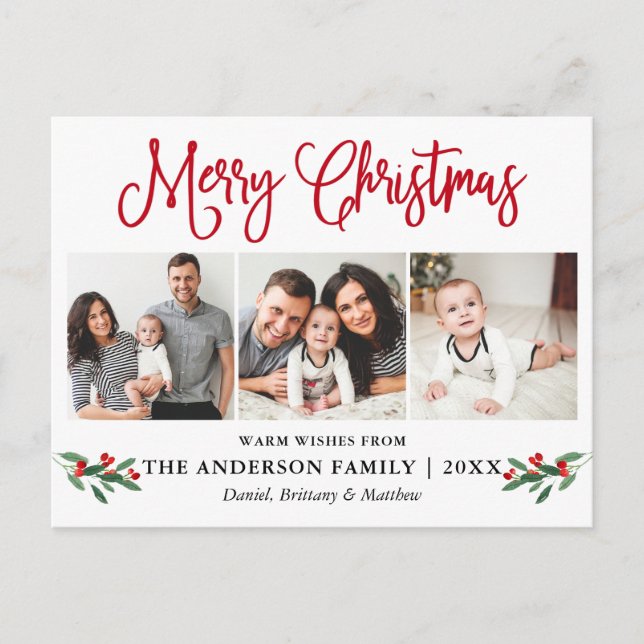 Modern Fun Calligraphy Christmas Red Holly 3 Photo Postcard (Front)