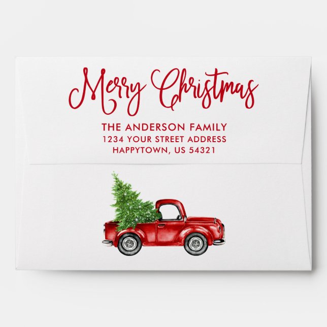 Modern Fun Calligraphy Christmas Vintage Red Truck Envelope (Back (Top Flap))