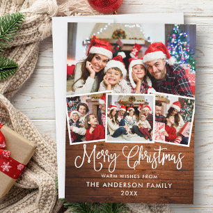 Modern Fun Calligraphy Christmas Wood 4 Photo Holiday Card