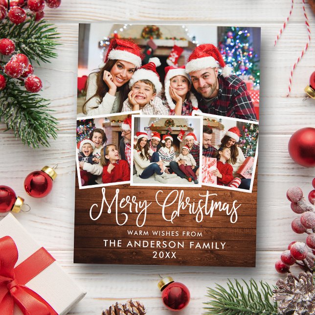 Modern Fun Calligraphy Christmas Wood 4 Photo Postcard (Customize to change your personalized text size or text style.)