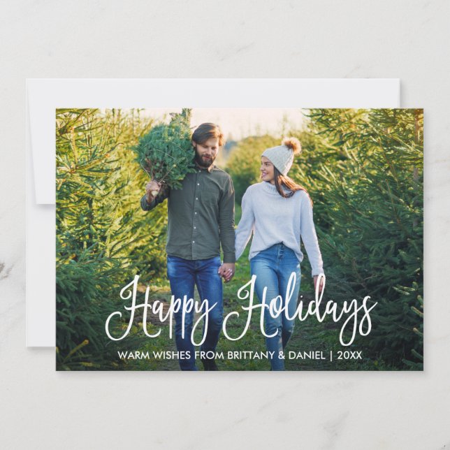 Modern Fun Calligraphy Couple Photo Holiday Card (Front)