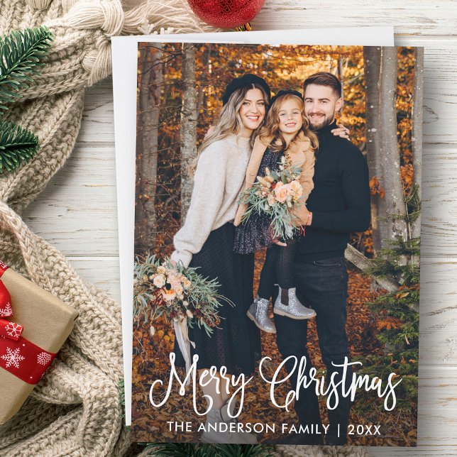 Modern Fun Calligraphy Family Photo Christmas Holiday Card (Customize to add text to back of card.)