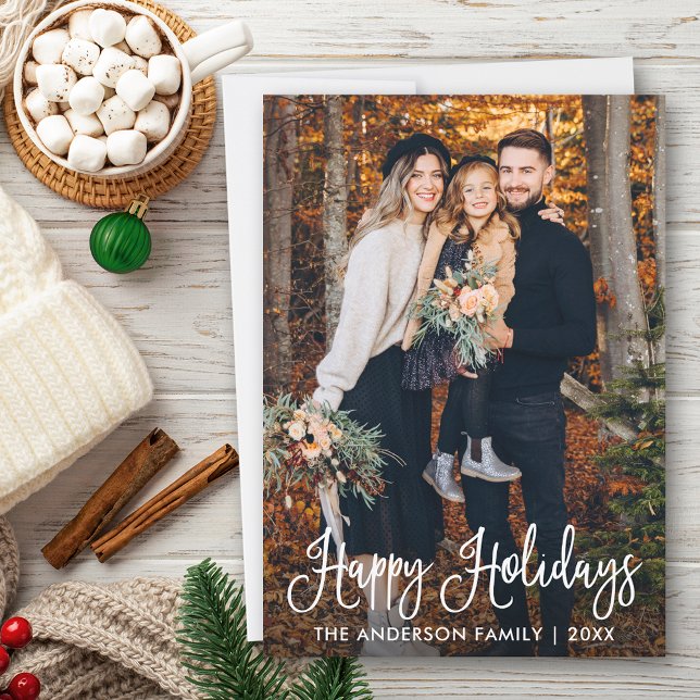 Modern Fun Calligraphy Family Photo  Holiday Card (Customize to add text to back of card.)