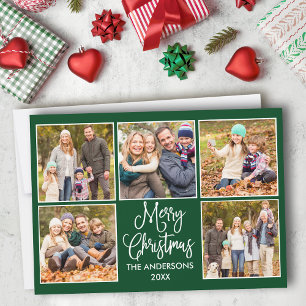 Modern Fun Calligraphy Green 5 Photo Christmas Holiday Card