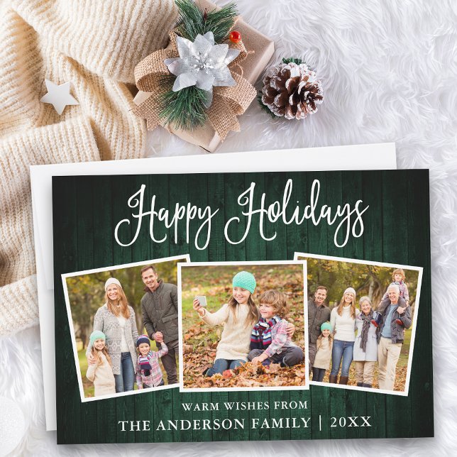 Modern Fun Calligraphy Green Wood 3 Photo Holiday Card (Customize to add text to back of card.)