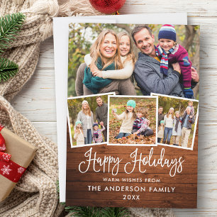 Modern Fun Calligraphy Happy Holidays Wood 4 Photo Holiday Card