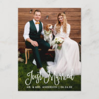 Modern Fun Calligraphy Just Married Wedding Photo