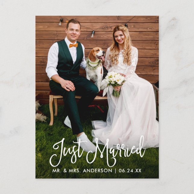 Modern Fun Calligraphy Just Married Wedding Photo Postcard (Front)