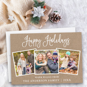 Modern Fun Calligraphy Kraft 3 Photos Holiday Card
