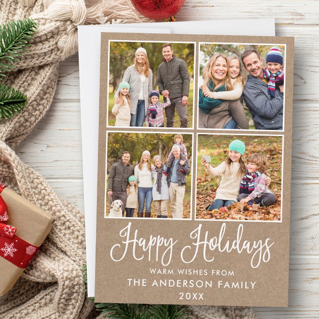 Modern Fun Calligraphy Kraft 4 Photos Holiday Card (Customize to add text to back of card.)