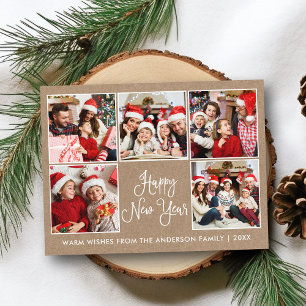 Modern Fun Calligraphy Kraft 5 Photo New Year Postcard