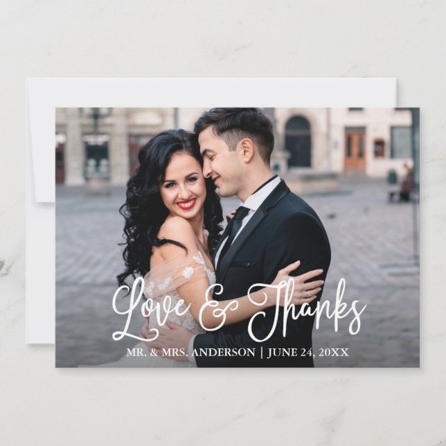 Modern Fun Calligraphy Love and Thanks Wedding Thank You Card (Front)