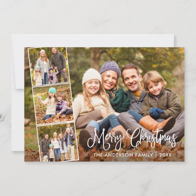 Modern Fun Calligraphy Merry Christmas 4 Photo Holiday Card (Front)
