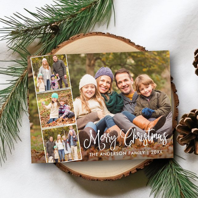 Modern Fun Calligraphy Merry Christmas 4 Photo Postcard (Customize to change your personalized text size or text style.)